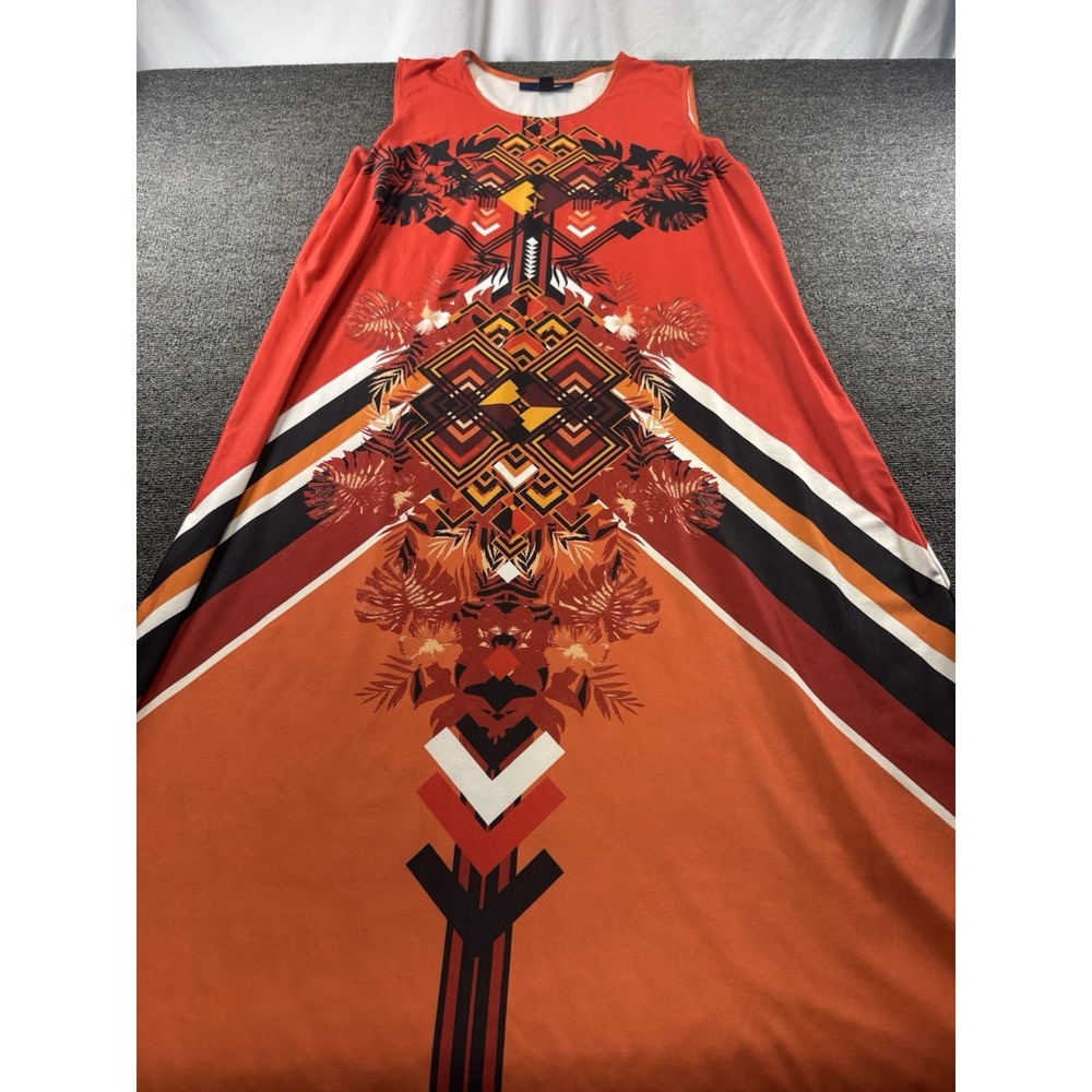 Denim 24/7 Women LG Dress Red Orange Geometric Sleeveless Midi Stretch
